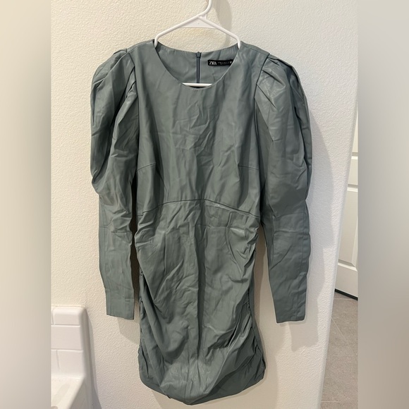 ZARA mint green leather puff sleeve dress - Picture 5 of 12